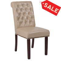Flash Furniture BT-P-BG-LEA-GG HERCULES Series Beige Leather Parsons Chair with Rolled Back, Accent Nail Trim and Walnut Finish 